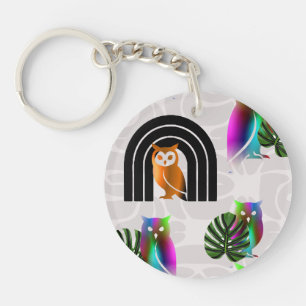Whimsical Boho Owl & Tropical Monstera Leaf Key Ring