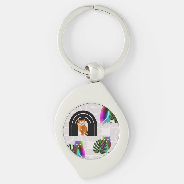 Whimsical Boho Owl & Tropical Monstera Leaf Key Ring (Front)