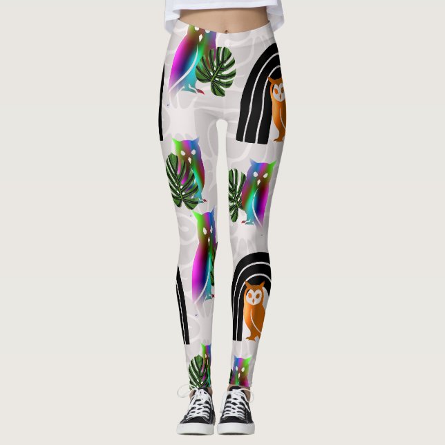 Whimsical Boho Owl & Tropical Monstera Leaf Leggings (Front)