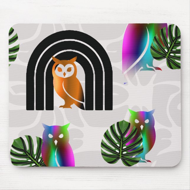 Whimsical Boho Owl & Tropical Monstera Leaf Mouse Pad (Front)