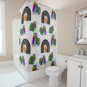 Whimsical Boho Owl & Tropical Monstera Leaf Shower Curtain