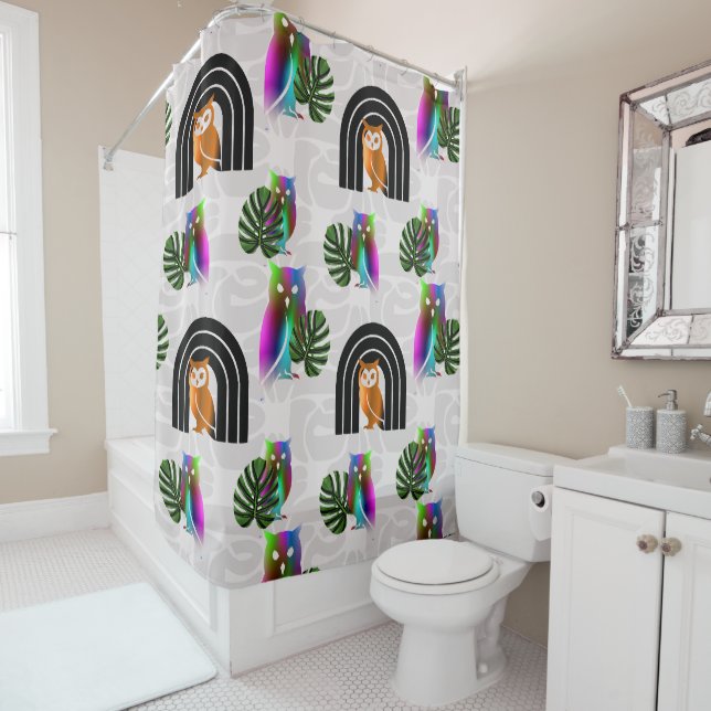 Whimsical Boho Owl & Tropical Monstera Leaf Shower Curtain (In Situ)