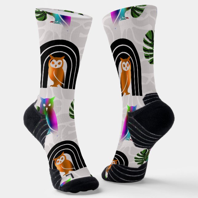 Whimsical Boho Owl & Tropical Monstera Leaf Socks (Angled)