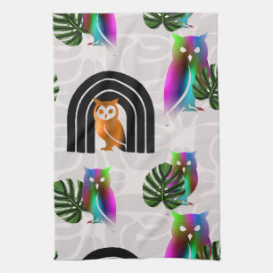 Whimsical Boho Owl & Tropical Monstera Leaf Tea Towel