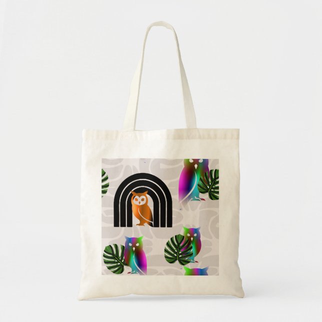 Whimsical Boho Owl & Tropical Monstera Leaf Tote Bag (Front)