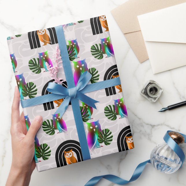 Whimsical Boho Owl & Tropical Monstera Leaf Wrapping Paper (Gifting)