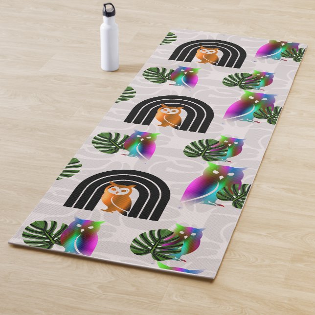 Whimsical Boho Owl & Tropical Monstera Leaf Yoga Mat (In Situ)