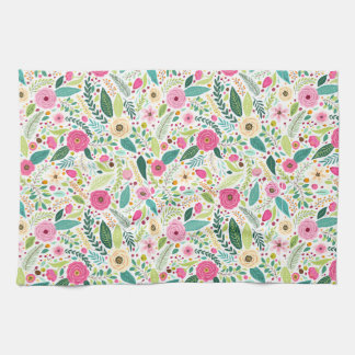 Whimsical boho Pink rose garden  Tea Towel