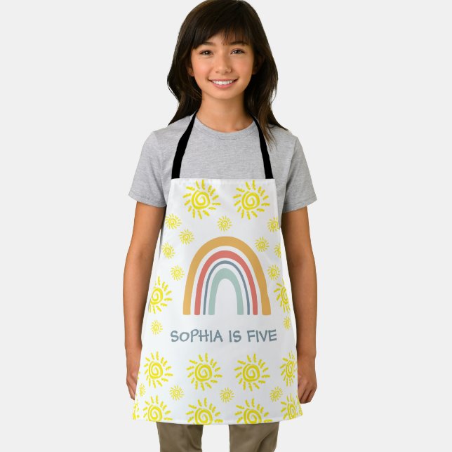 Whimsical Boho Rainbow and Sun 5th Birthday Kid Apron (Insitu)