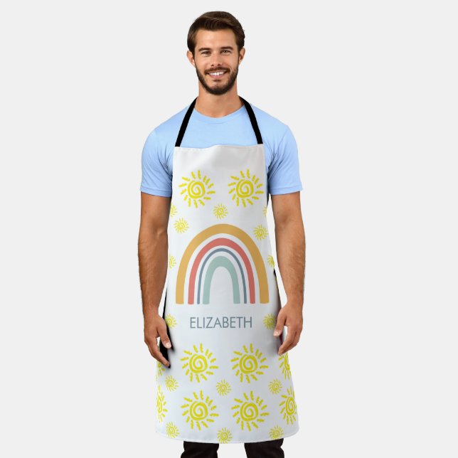 Whimsical Boho Rainbow and Sun Custom Chef Gift Apron (Worn)