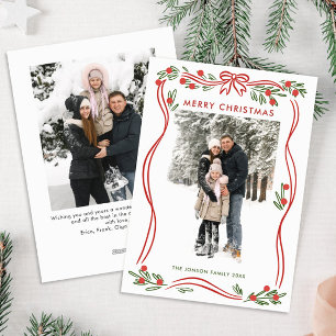 Whimsical Boho Red Christmas Bow Ribbon 2 Photo Holiday Card