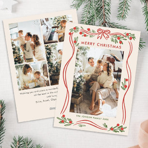 Whimsical Boho Red Christmas Bow Ribbon 5 Photo Holiday Card