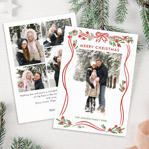 Whimsical Boho Red Christmas Bow Ribbon 5 Photo Holiday Card