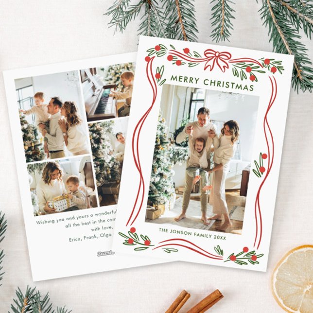 Whimsical Boho Red Christmas Bow Ribbon 5 Photo Holiday Card (Creator Uploaded)