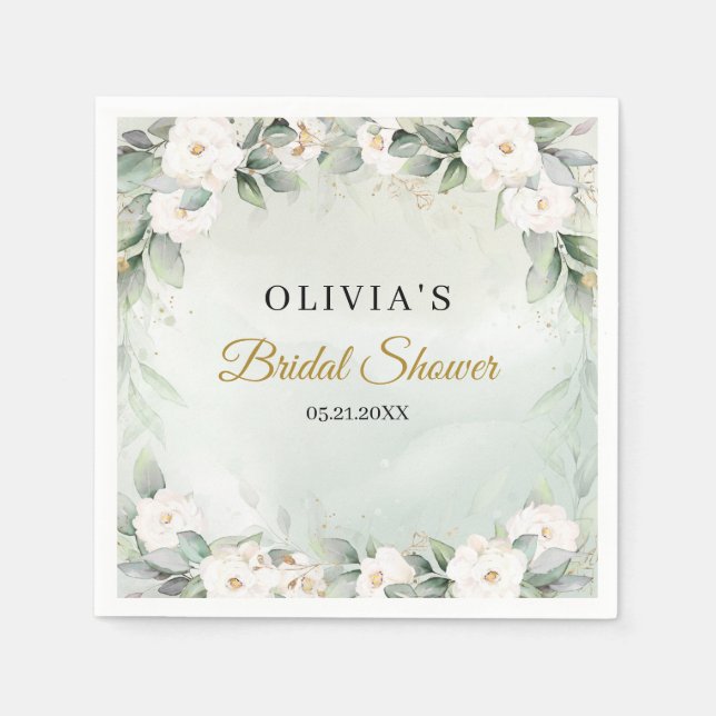 Whimsical boho white roses and gold bridal shower napkin (Front)
