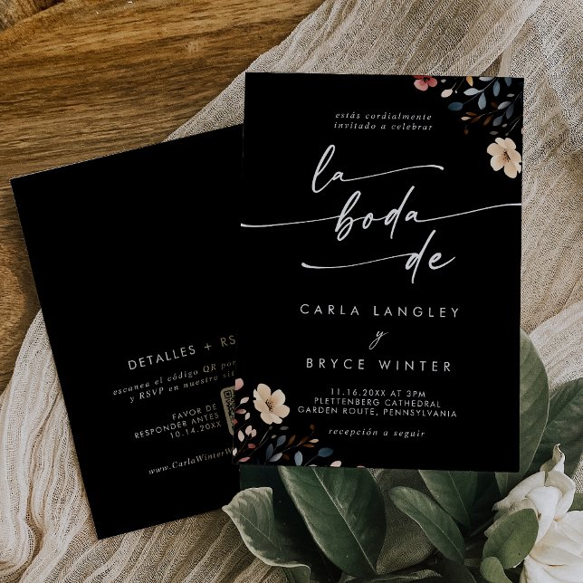 Whimsical Boho Wildflower QR Code Spanish Wedding Invitation (Creator Uploaded)