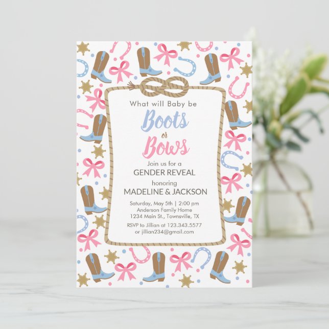 Whimsical Boots Bows Gender Reveal Invitation (Standing Front)