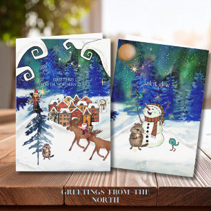 Whimsical Boreal Lights Nordic Village New Year Holiday Card