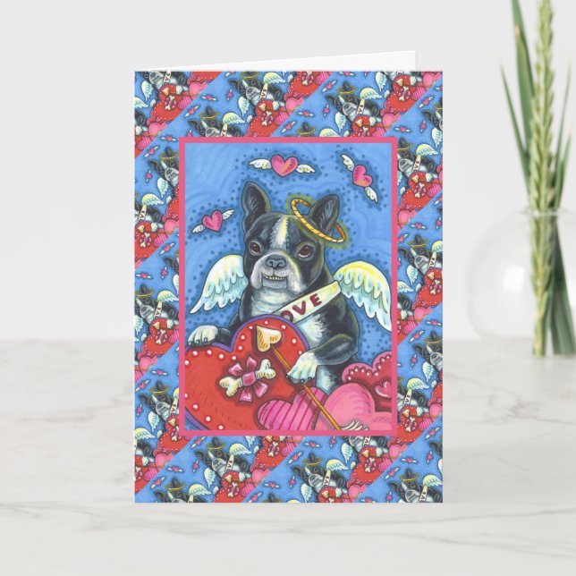WHIMSICAL BOSTON TERRIER CUPID, CUTE DOG VALENTINE HOLIDAY CARD (Front)