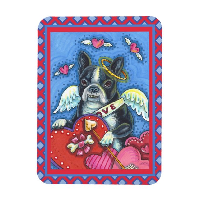 WHIMSICAL BOSTON TERRIER CUPID, CUTE DOG VALENTINE MAGNET (Vertical)