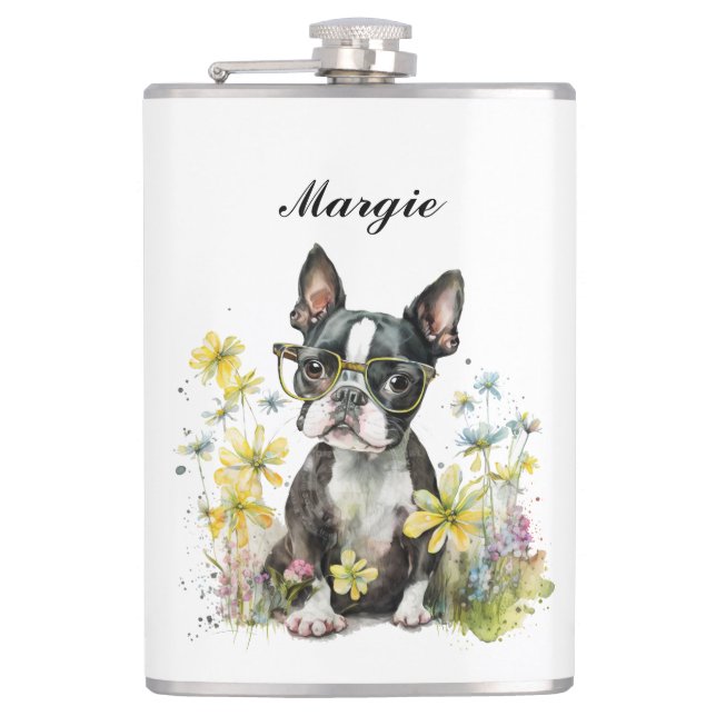 Whimsical Boston Terrier Puppy Wearing Glasses Hip Flask (Front)