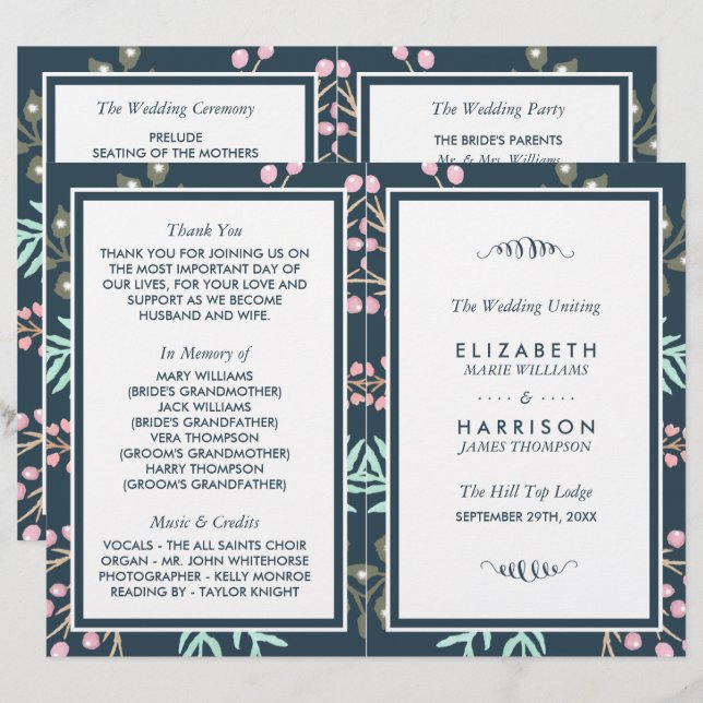 Whimsical Botanical Berry Wedding Bi-fold Program (Front/Back)