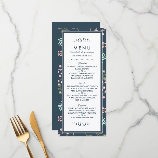 Whimsical Botanical Berry Wedding Menu (Front/Back In Situ)