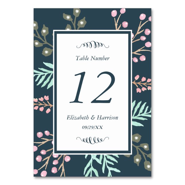 Whimsical Botanical Berry Wedding Table Number (Front)
