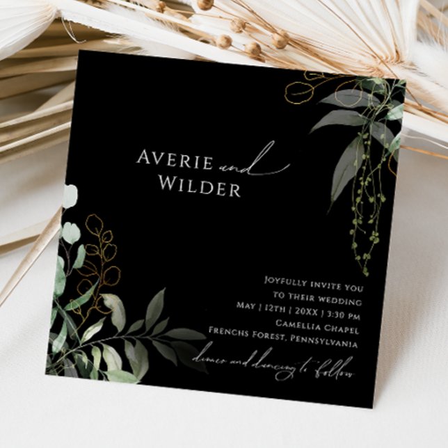 Whimsical Botanical Black and Gold Square Wedding Invitation (Creator Uploaded)