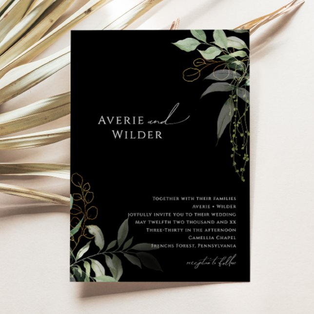 Whimsical Botanical Black and Gold Wedding Invitation (Creator Uploaded)