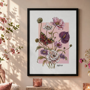 Whimsical Botanical Butterfly Floral Art  Poster
