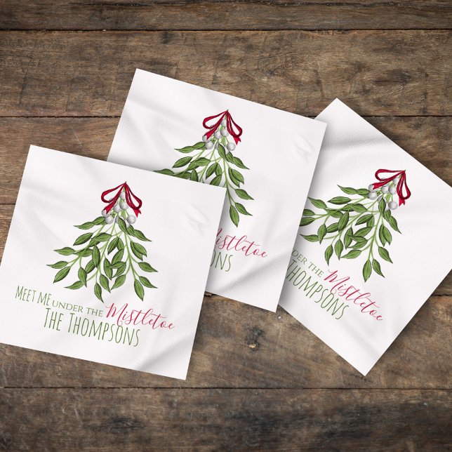 Whimsical Botanical Christmas Elegant Nature Name Napkin (Christmas merry mistletoe "meet me under the mistletoe" cocktail napkin.)