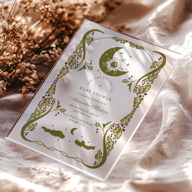 Whimsical Botanical Crescent Baby Shower Acrylic Invitations (Creator Uploaded)