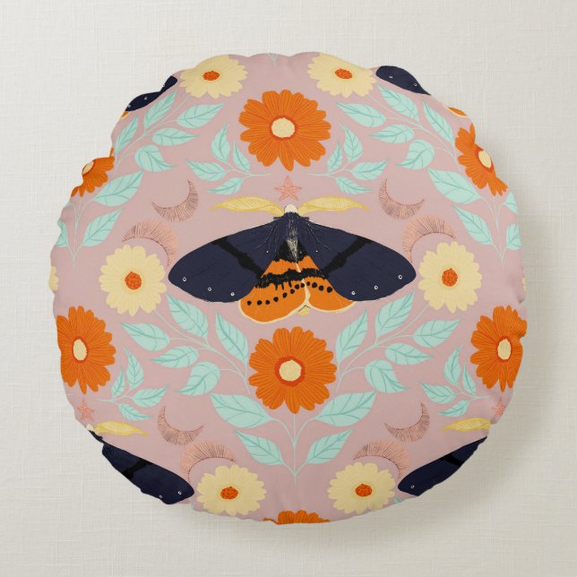 Whimsical Botanical Moth Collection | Cosy Art Round Cushion (Front)