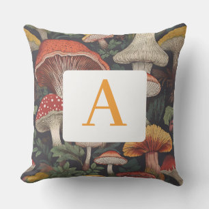 Whimsical Botanical Mushroom Pattern with Monogram Cushion