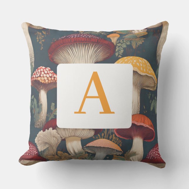Whimsical Botanical Mushroom Pattern with Monogram Cushion (Front)