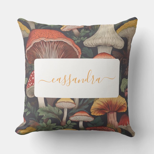 Whimsical Botanical Mushroom Pattern with Name Cushion (Front)