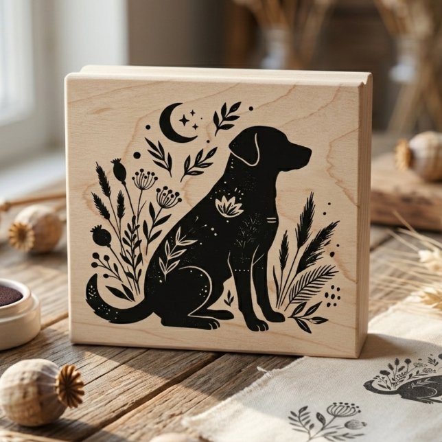 Whimsical Botanical Puppy Meadow Moon Rubber Stamp (Black lab botanical art stamp)