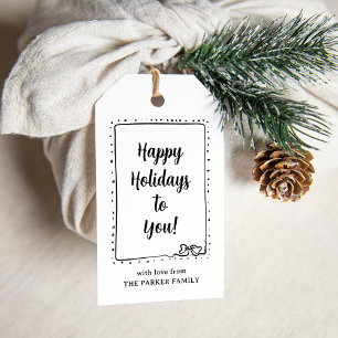 Whimsical Bow Black and White Happy Holidays Gift Tags