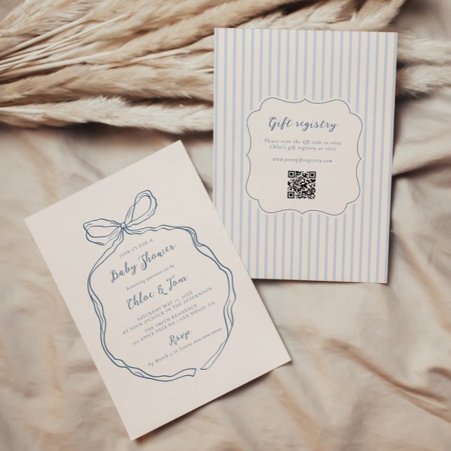 Whimsical Bow Blue Stripes Baby Shower Invitation (Creator Uploaded)
