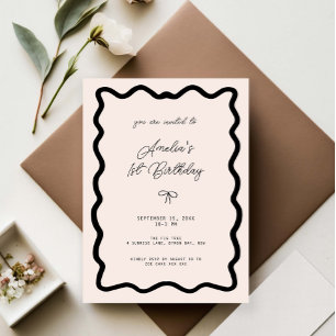 Whimsical Bow cursive border 1st birthday Invitation