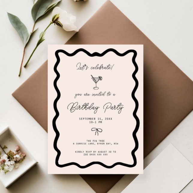 Whimsical Bow cursive border martini birthday  Invitation (Creator Uploaded)