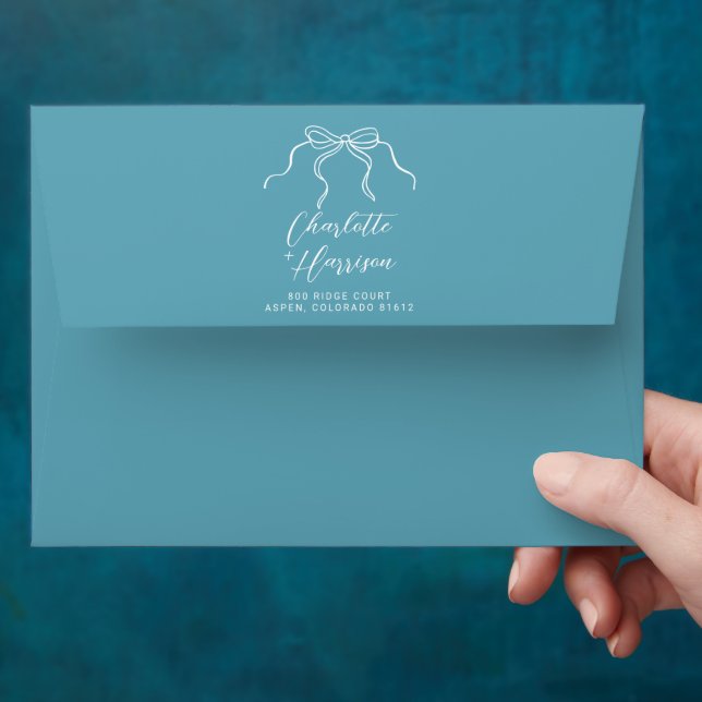 Whimsical Bow Doddle Wedding Blue Return Address Envelope (Hand)