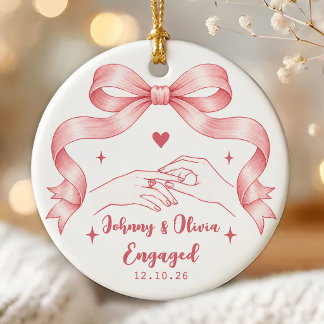 Whimsical Bow Engagement Ceramic Ornament