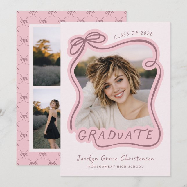 Whimsical Bow Frame Photo Collage Pink Graduation Invitation (Front/Back)