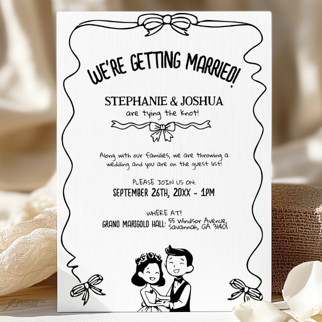 Whimsical Bow Frame with Cartoon Bride and Groom Invitation (Creator Uploaded)