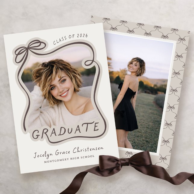 Whimsical Bow Hand Drawn Frame 2026 Graduation Invitation (Front and Back View)