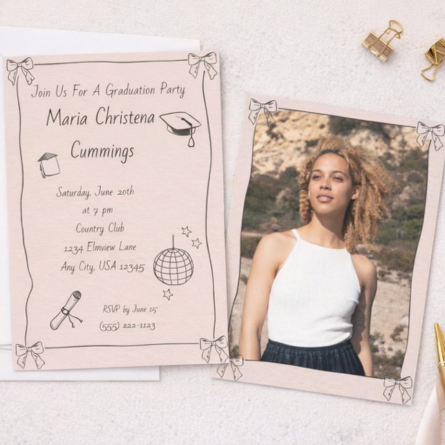 Whimsical Bow Hand‑Drawn Photo Graduation Party  Invitation (Creator Uploaded)