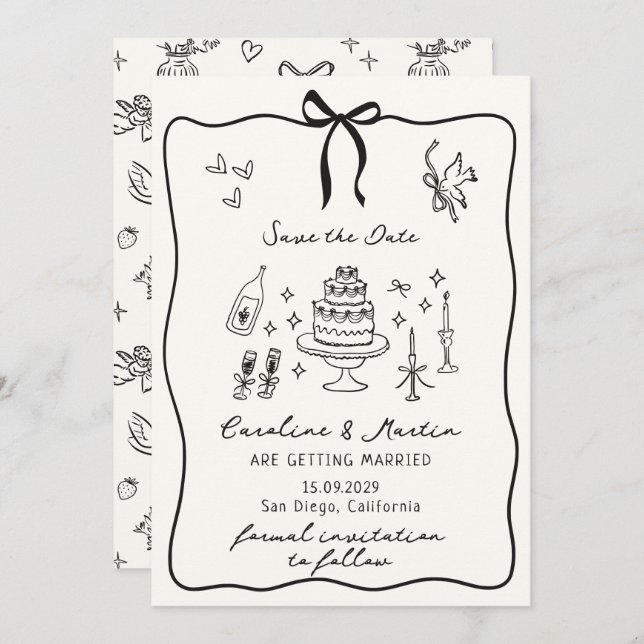 Whimsical Bow, hand drawn wedding save the date Invitation (Front/Back)