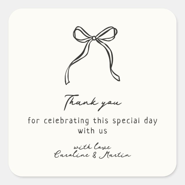 Whimsical bow, hand drawn wedding thank you  square sticker (Front)